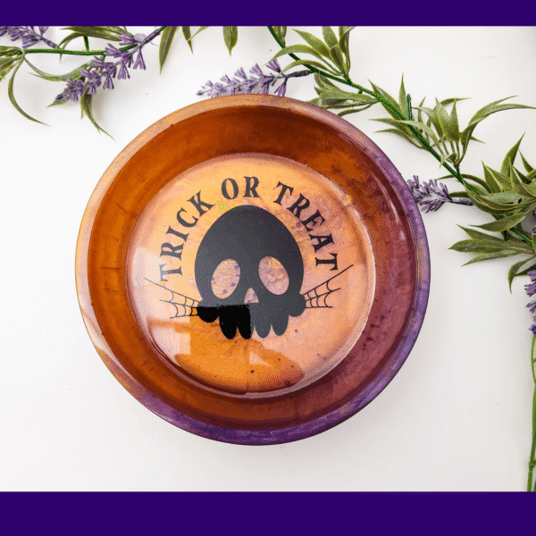 Trick or Treat Skull Bowl – Purple & Orange Marble Resin Halloween Decor