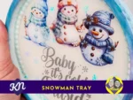 Close-up of snowman tray showing three winter snowmen and decorative blue border with Kirnix Creations branding.