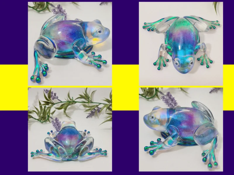 Four-image collage showing different angles of the aurora resin frog with greenery décor.