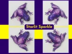 “Four-angle collage of the Style 2 purple glitter resin frog, covered in iridescent pink and purple glitter with a butterfly accent.”