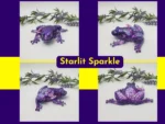 “Four-angle collage of the Style 2 purple glitter resin frog photographed with artificial lavender foliage.”