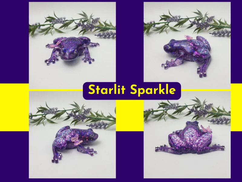 “Four-angle collage of the Style 2 purple glitter resin frog photographed with artificial lavender foliage.”