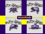 “Four-angle collage of the Style 1 smooth purple resin frog with butterfly detail, photographed with artificial lavender foliage.”