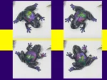 “Four views of the handmade Enchanted Prism Frog resin ornament with a stained-glass-style belly, displayed on a purple and yellow background.”