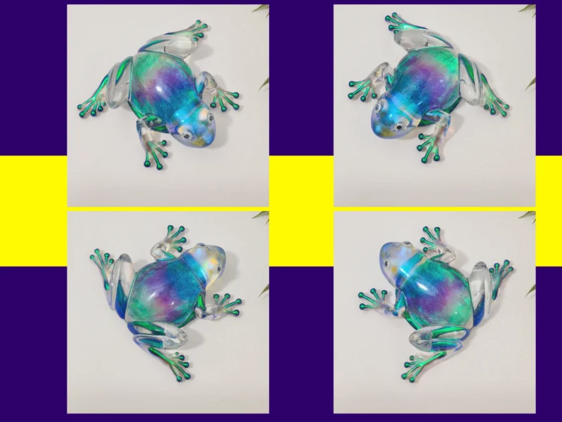 Four-image collage of a handmade aurora resin frog on a plain studio background.