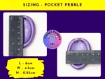 Pocket Peepers sizing guide showing measurements for the Pocket Pebble shape, with two photos of the purple stone beside a ruler.