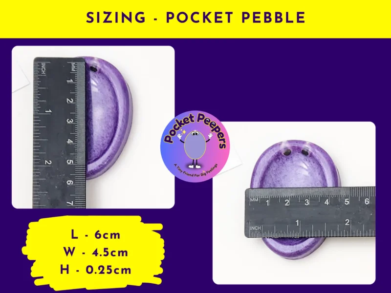 Pocket Peepers sizing guide showing measurements for the Pocket Pebble shape, with two photos of the purple stone beside a ruler.