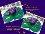 “Two angled photos of smooth and glitter purple resin frog styles on a green leaf base, with text describing them as whimsical resin collectibles.”
