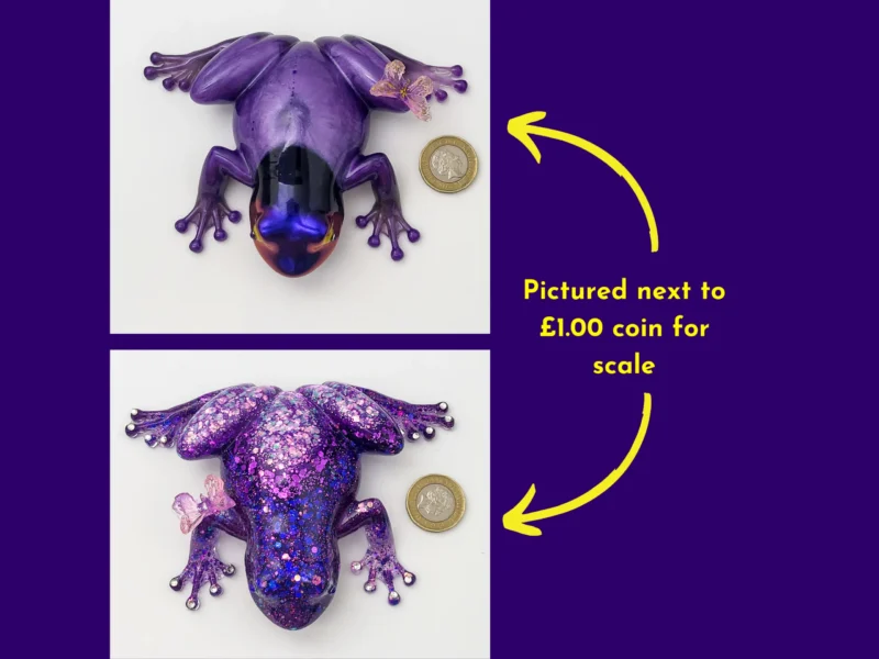 “Two resin frog variants—smooth purple and glitter purple—each shown beside a £1 coin to show size.”
