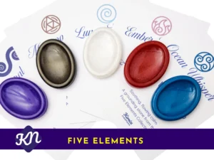 Five handcrafted resin calming stones displayed on their corresponding element meaning cards