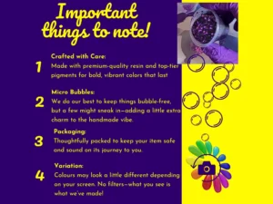 Important things to note graphic outlining handmade resin craft details including materials, micro-bubbles, packaging info and colour variation, with photo of resin being poured and playful bubble illustrations