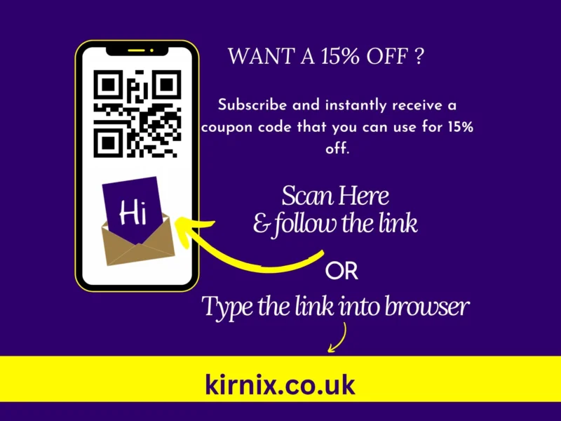 15% discount promo graphic featuring smartphone with QR code, subscription offer text, and kirnix.co.uk link for handmade resin jewellery and gifts