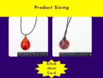 Size guide showing two handmade resin pendants with copper wire wrapping — red teardrop pendant and pink marbled round pendant — displayed next to a ruler with 2.5cm pendant size and 45cm cord length