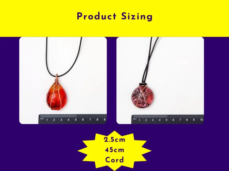 Size guide showing two handmade resin pendants with copper wire wrapping — red teardrop pendant and pink marbled round pendant — displayed next to a ruler with 2.5cm pendant size and 45cm cord length