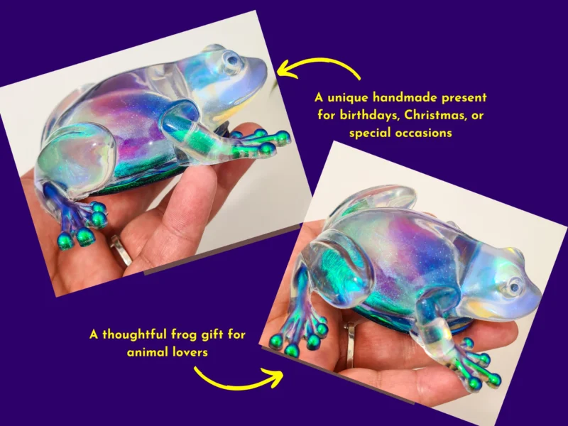 Aurora resin frog shown in hand with text highlighting it as a unique handmade gift.