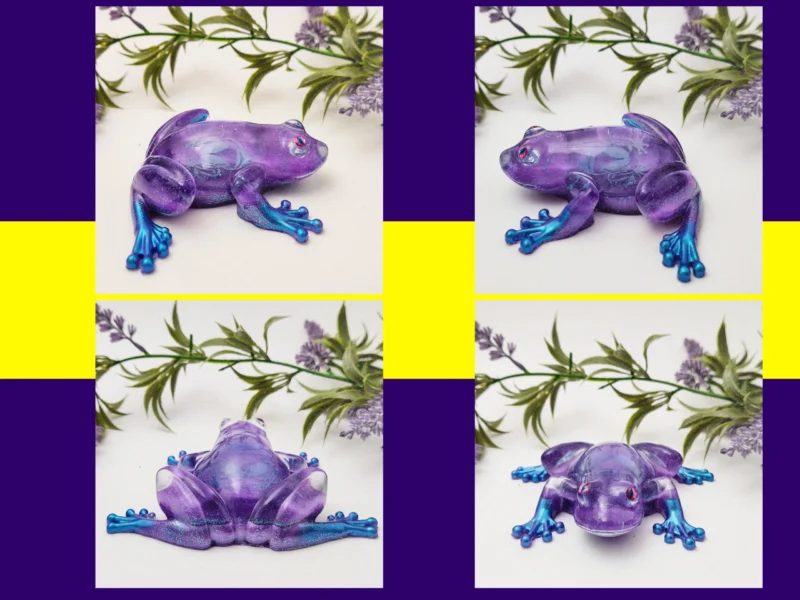 Four views of the Aqua Purple Frog resin ornament surrounded by greenery and purple flowers