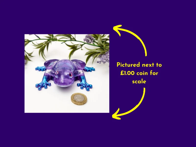 Aqua Purple Frog resin ornament placed beside a £1 coin to show size
