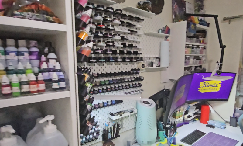 Kirnix Creations About Us craft cave – resin workspace shelves and tools