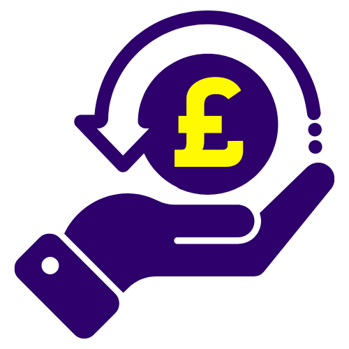 Kirnix Creations refund process icon – yellow pound symbol in arrow loop