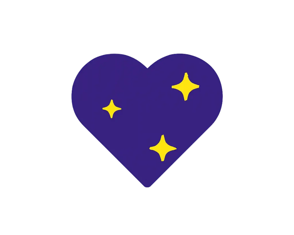 Purple heart surrounded by yellow sparkles, symbolising handmade creativity and playful chaos