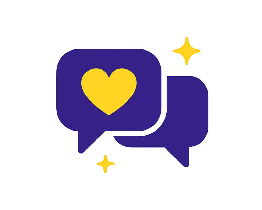 Two purple speech bubbles with a yellow heart inside, symbolising friendly real human support