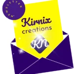 Kirnix Creations email newsletter graphic featuring a purple and yellow envelope with the KN logo.
