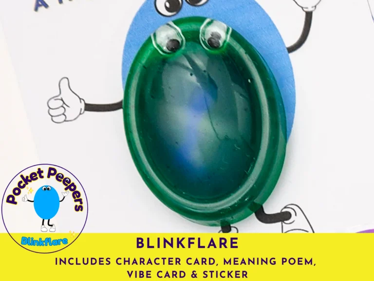 Close-up of the Blinkflare Pocket Peepers stone attached to its character card, with the full set contents listed beneath