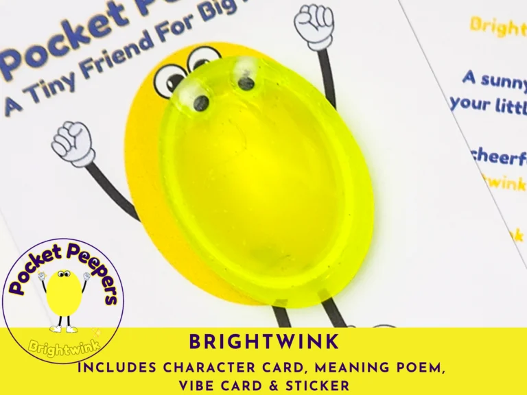 Close-up of the Brightwink Pocket Peepers stone attached to its character card, highlighting included sticker and poem card
