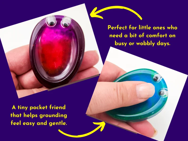 Pocket Peepers lifestyle image showing stones being held in the hand, with text describing how they help comfort children on busy or wobbly days