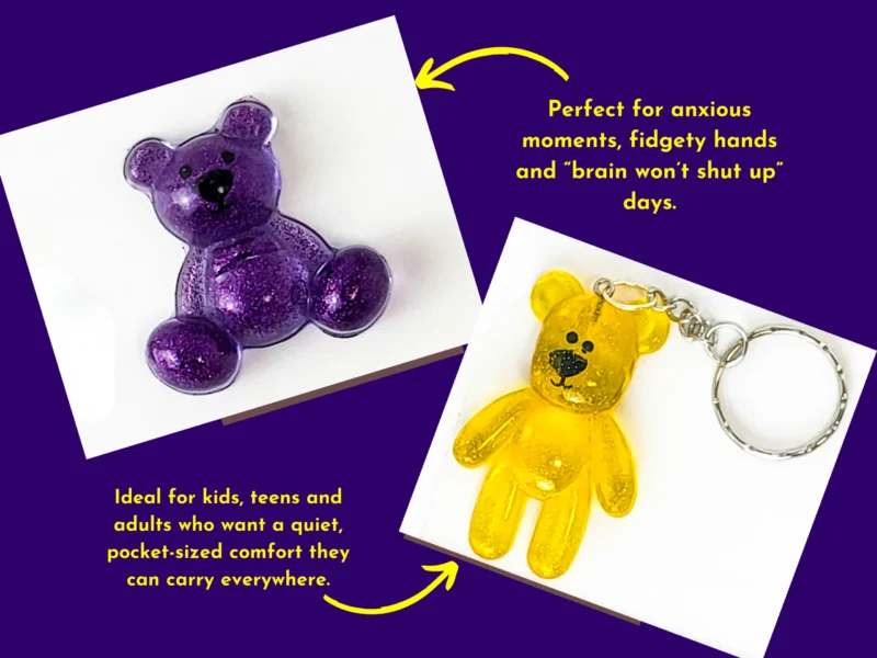 Purple handheld and yellow keyring Worry Bears with text showing they are ideal for anxious moments and quiet pocket comfor