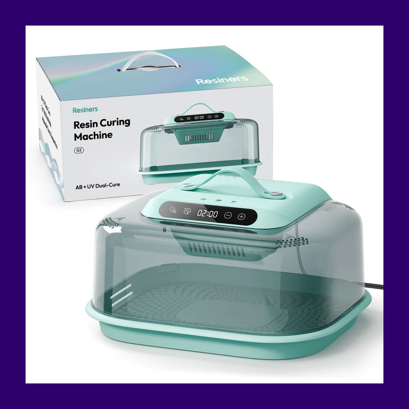 Resiners G3 resin curing machine with clear lid and digital timer, shown with the retail box.