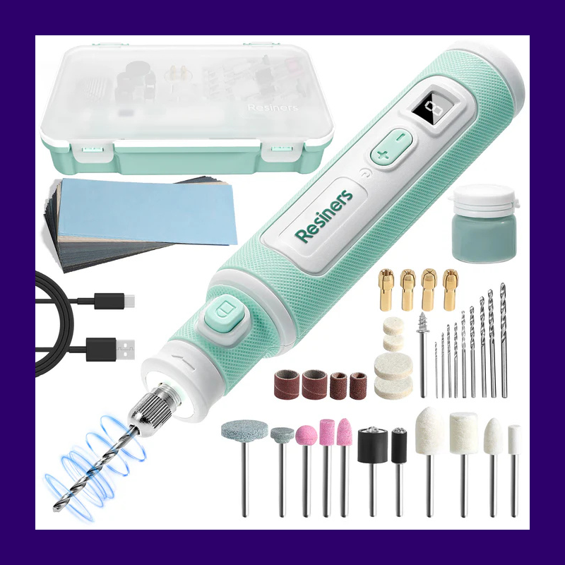 Resiners cordless rotary tool kit with sanding bands, drill bits, polishing heads, USB cable and storage case.