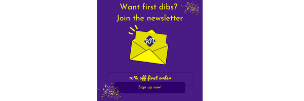 Kirnix Creations newsletter sign-up graphic: “Want first dibs?” with envelope icon and “10% off first order” badge.