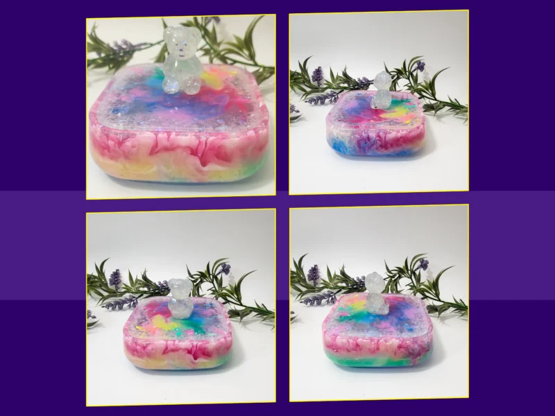 Four-image collage showing different angles of the candycore teddy treasure box on a white background with greenery.