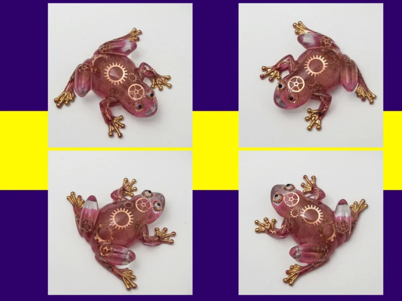 Four-angle shot of resin frog displaying gear embellishments and gold accents.