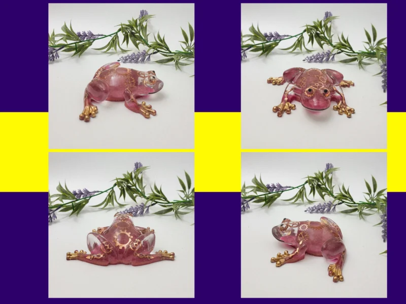 Four-angle grid of steampunk frog showing top, side, and detail views.