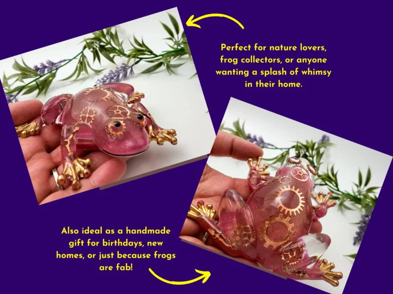 Steampunk resin frog displayed as a gift idea for collectors and fantasy fans.
