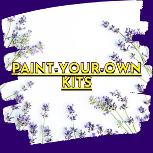 “Category image for Paint-Your-Own Kits with lavender floral accents on a purple background.”