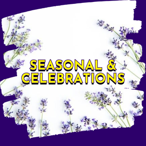 “Category image for Seasonal & Celebrations featuring lavender floral border on purple background.”
