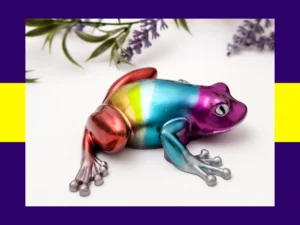 Full-body side view of chrome rainbow frog in metallic rainbow colours