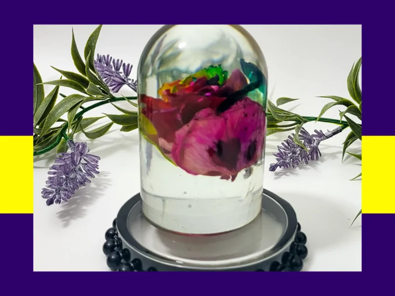Side angle of the clear resin dome showing layered petals and colour shifts inside the preserved rose.