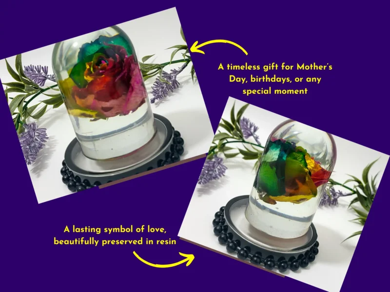 Two-photo graphic of the encased rose dome with text describing it as a timeless gift and a lasting symbol of love.