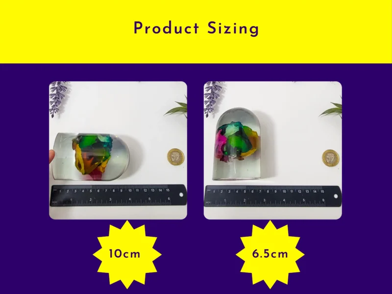 Product sizing graphic showing the encased rose dome measured with a ruler, labelled 10 cm and 6.5 cm.