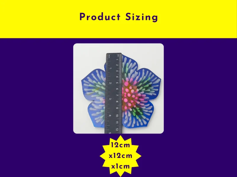 “Firework bloom resin coaster with ruler showing size of the flower-shaped design.”
