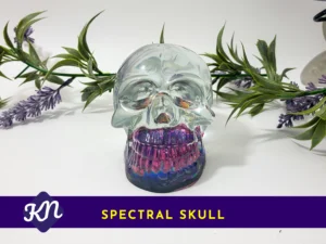 Two resin skulls shown together on a white background with greenery; a larger clear skull with rainbow jaw and a smaller skull with blue-toned base.