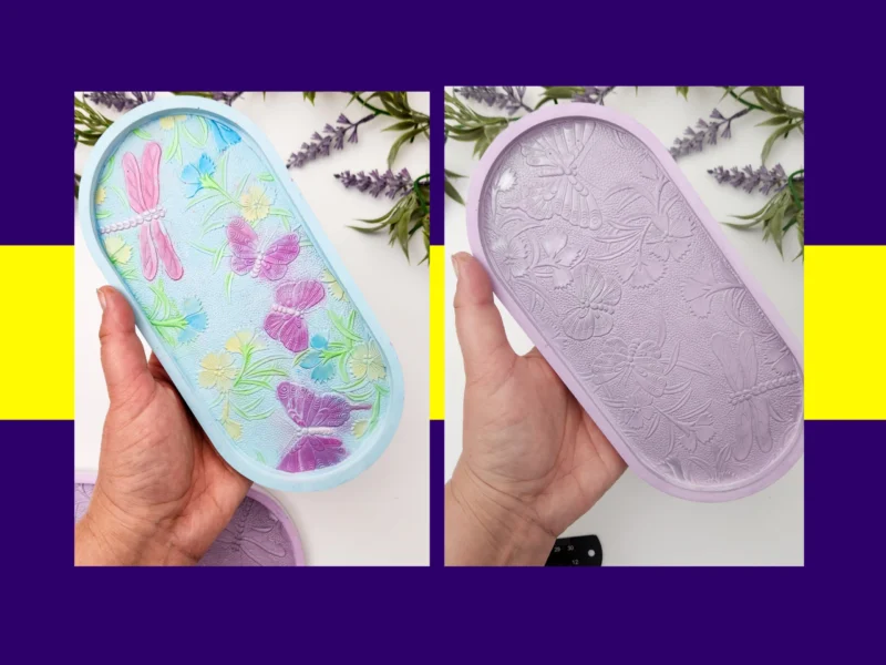 “Hand holding pastel resin trinket tray with dragonfly and butterfly details, shown alongside the silicone mould.”
