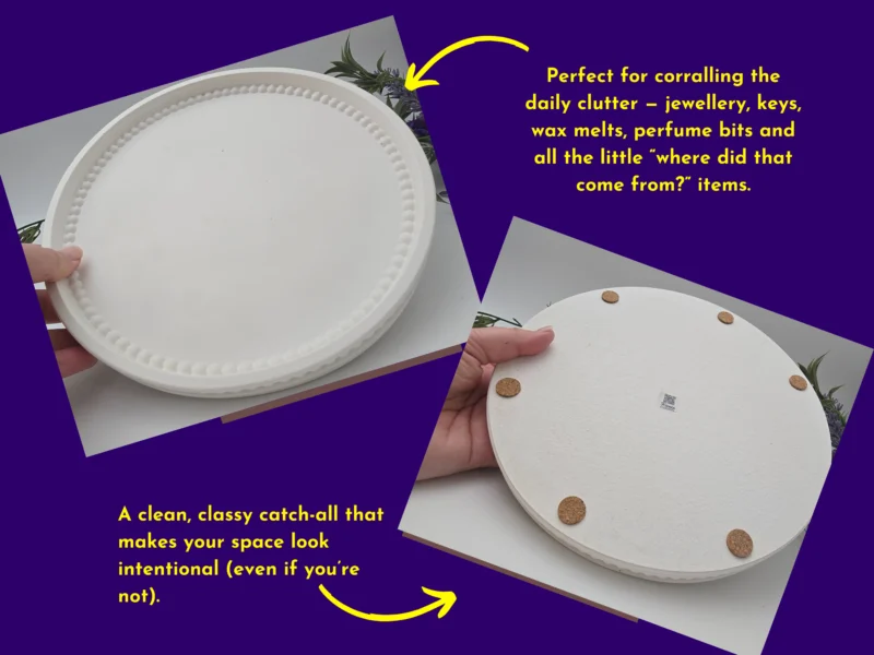 Ideal for” graphic showing the Pearl Rim Round Tray as a catch-all, with photos of the top and underside and text about storing small everyday items.
