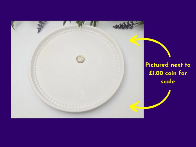 Pearl Rim Round Tray pictured with a £1 coin in the centre to show scale; text callout on the right.