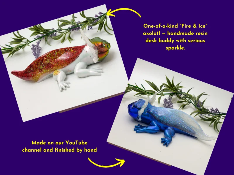 Promo collage showing Fire and Ice axolotls on a purple background with text about being one-of-a-kind and made on YouTube.
