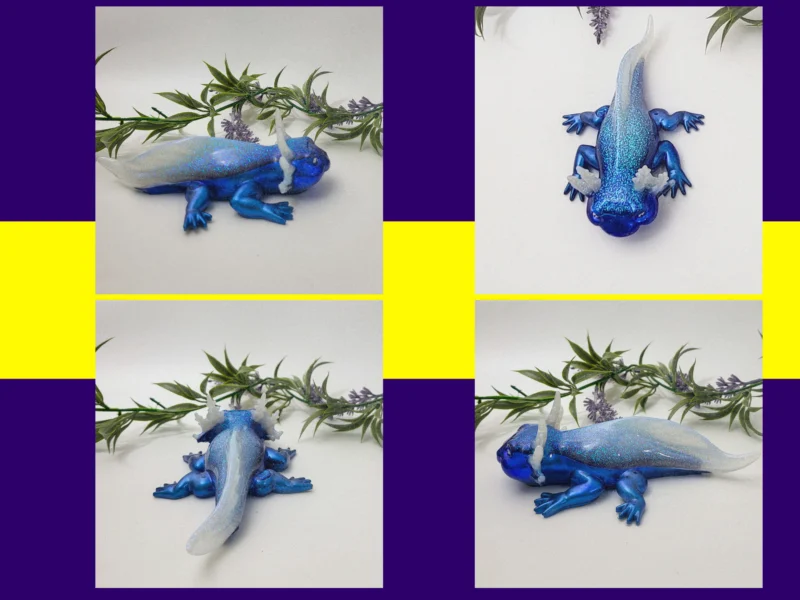 Four-photo grid of the Ice axolotl from angled top-down views on a white background.